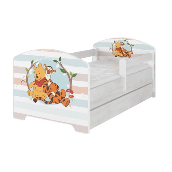 Detská posteľ sa zábranou - Medvedík Pú a tiger - dekor nórska borovica