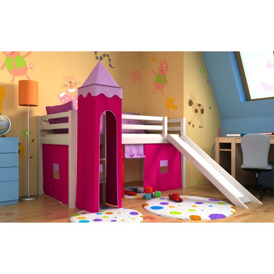 Detská vyvýšená posteľ GABI s vežou a šmykľavkou - biela