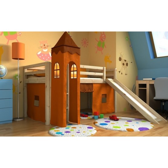 Detská vyvýšená posteľ GABI s vežou a šmykľavkou - borovica