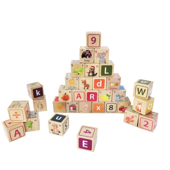 Drevené kocky - písmená, číslice a obrázky