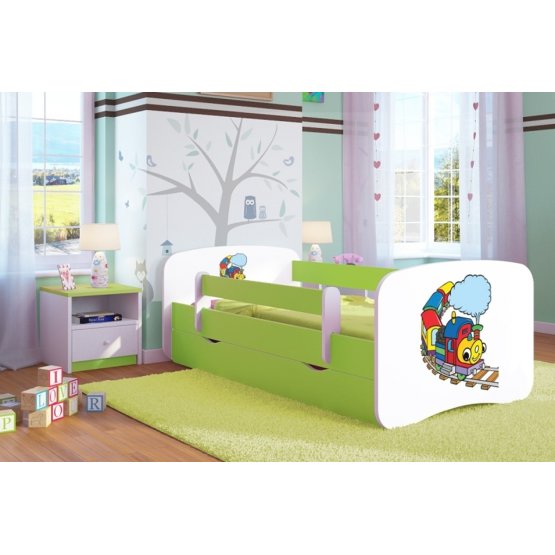 OURBABY detská posteľ so zábranou zelená - veselý vláčik