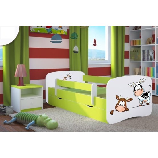 OURBABY detská posteľ so zábranou - kravičky- zelená