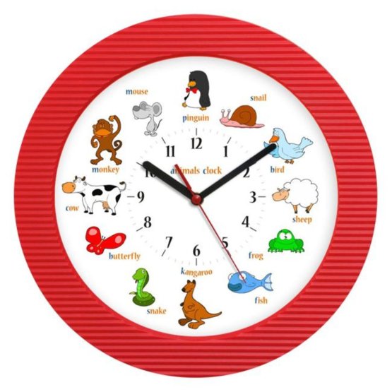 Detské hodiny - zvieratká po anglicky - červené