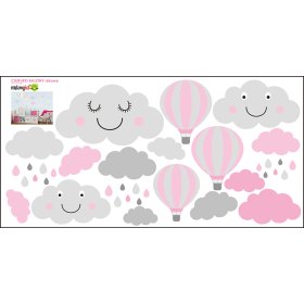 Dekorácia na stenu - mráčky a balóny - šedo-ružové